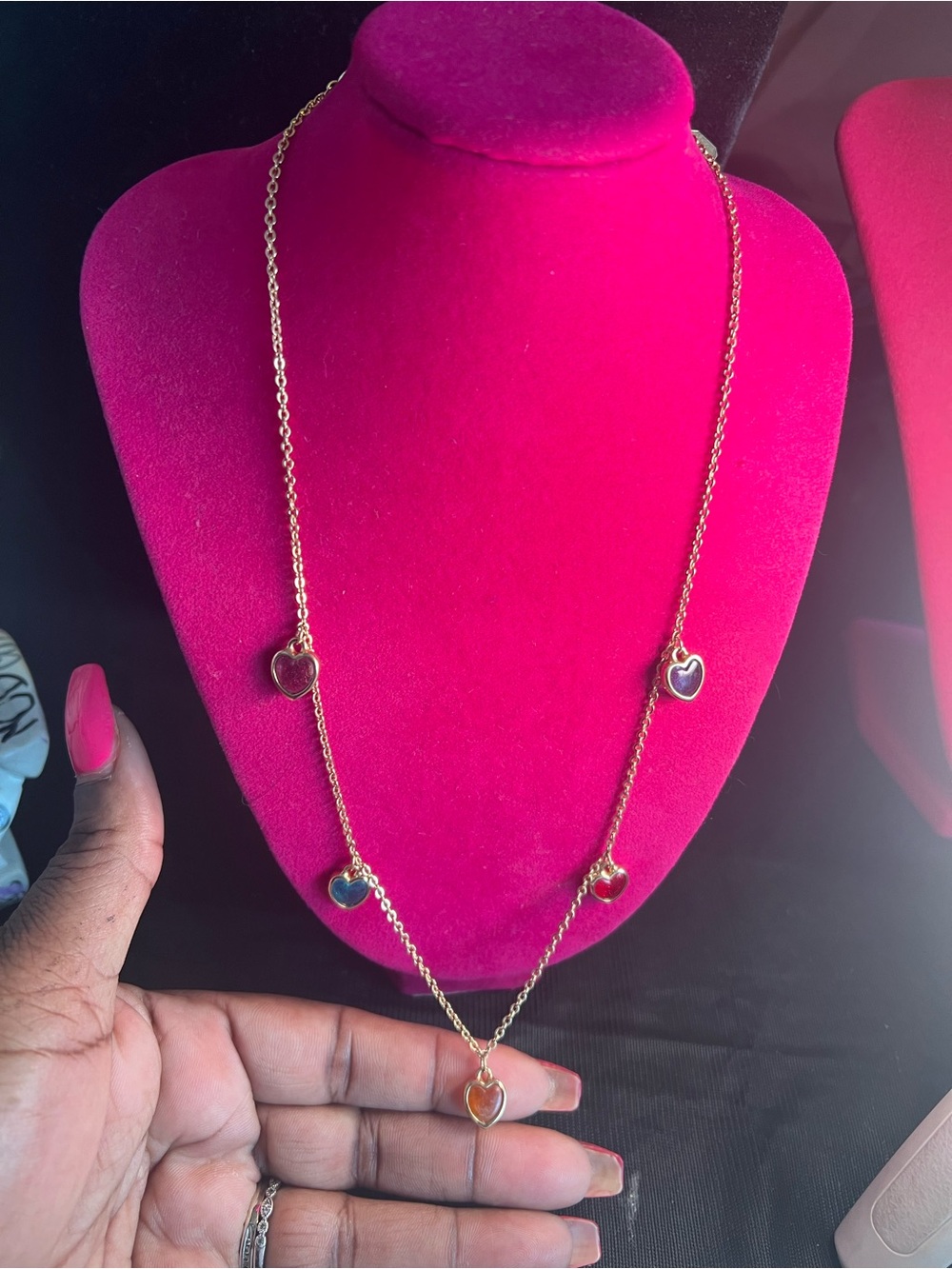 Sarah Coventry Gold Heart Charm Long Necklace with Multicolor Enamel Hearts - Picture 2 of 4